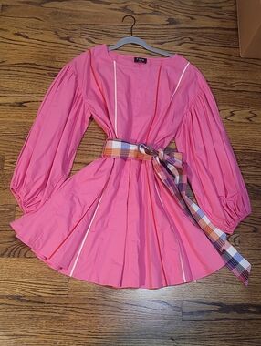 Fate Pink Balloon-Sleeve Dress with Multi-Color Plaid Sash